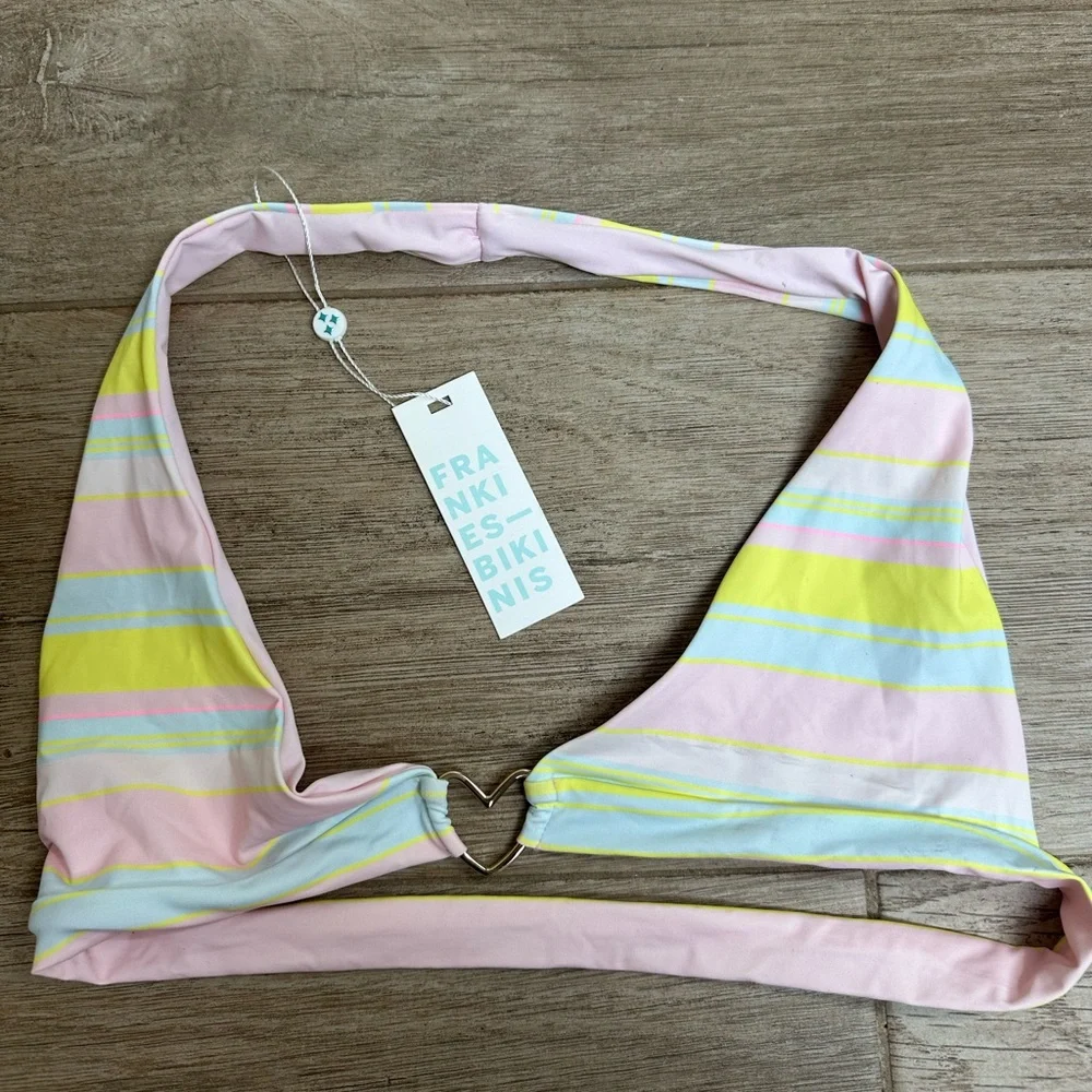 Frankie's Bikinis Pink and Yellow Halter Bikini Top